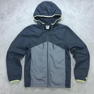 Starter Mens Small Colorblock Hooded Windbreaker Jacket Black Gray Neon Green